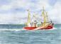 Preview: Postkarte DIN-A6   Aquarell Maritim Kunst Druck Kunstdruck Dänemark Nordsee Ostsee Fischerboot Kutter Fischkutter Krabbenkutter rot Meer Boot Möwen